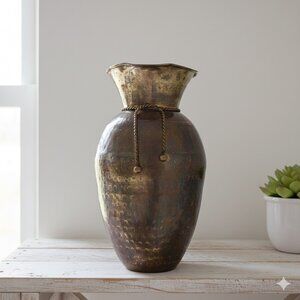 MCM Hammered Brass Vase With Braided Roping Accent Vintage Made in India Gold